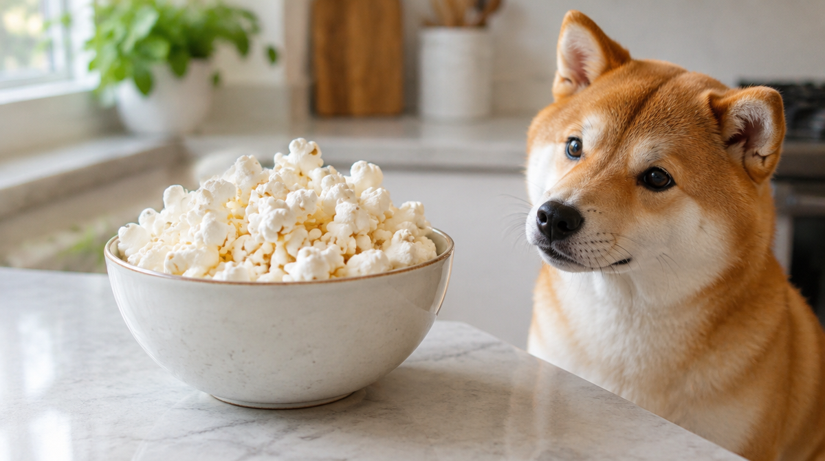 Plain air-popped popcorn in a ceramic bowl with a shiba inu beside the counter