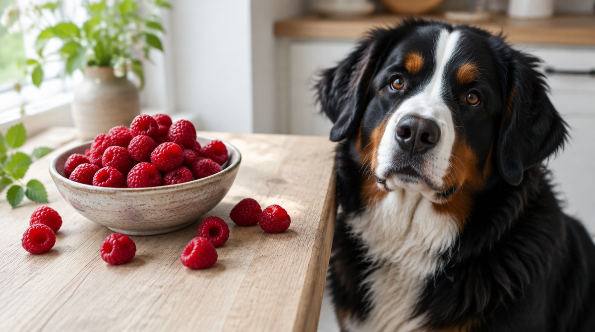 Fresh raspberries in a stoneware bowl with a bernese mountain dog beside the counter