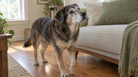 Senior dog with a greying muzzle walking comfortably on a wooden floor at home