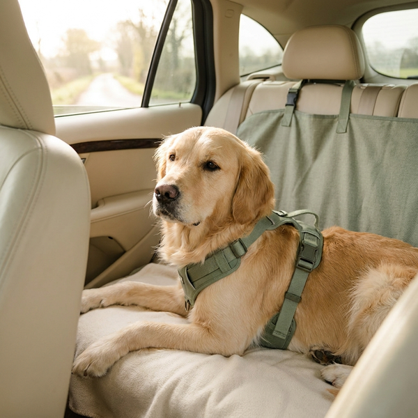 Relaxed dog resting calmly in a car wearing a travel harness - calming hemp support for pets