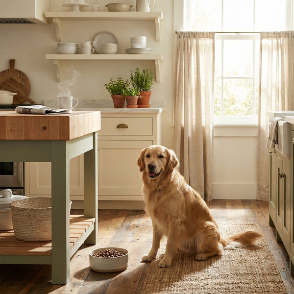 Happy dog beside its food bowl in a sunlit kitchen - everyday hemp wellness for pets