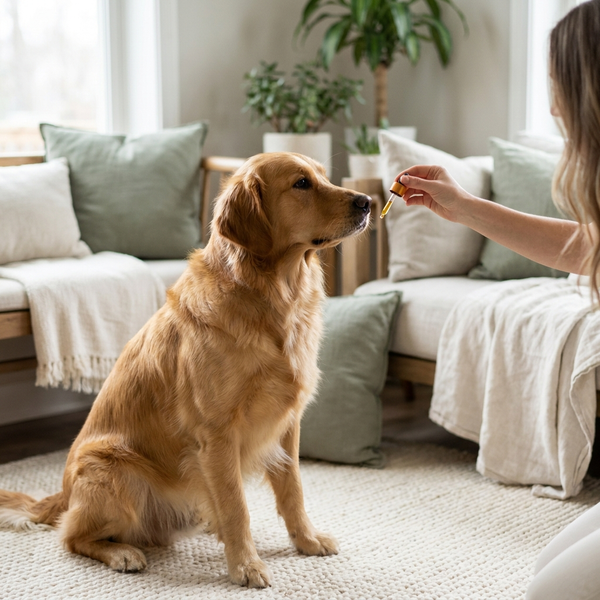 Pet parent giving a golden retriever a dropper of hemp oil at home - hemp for dogs