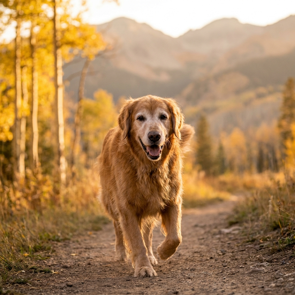 Healthy senior golden retriever trotting on a Colorado mountain trail - hemp hip and joint mobility support for dogs
