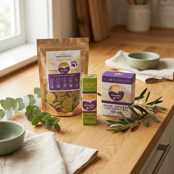HempMy Pet wellness bundle products styled on a wooden countertop - hemp bundles for dogs, cats and horses